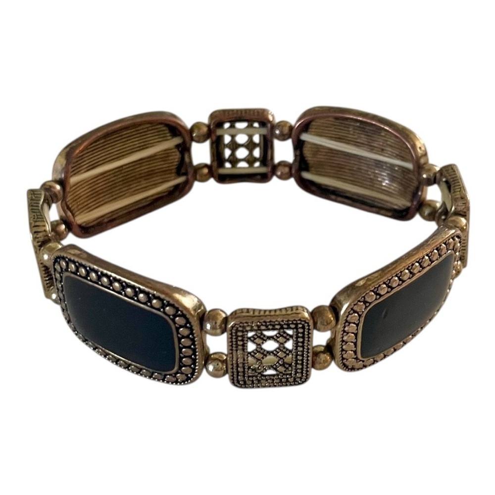 Gold And Black Onyx Link Expansion Bracelet, Intricate Carved Detailed Links.